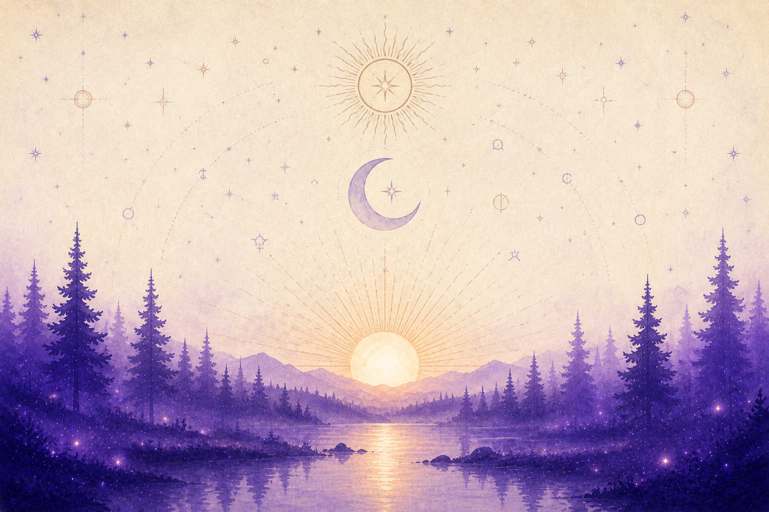 Chapter One cover — sun, moon and rising over a violet lake
